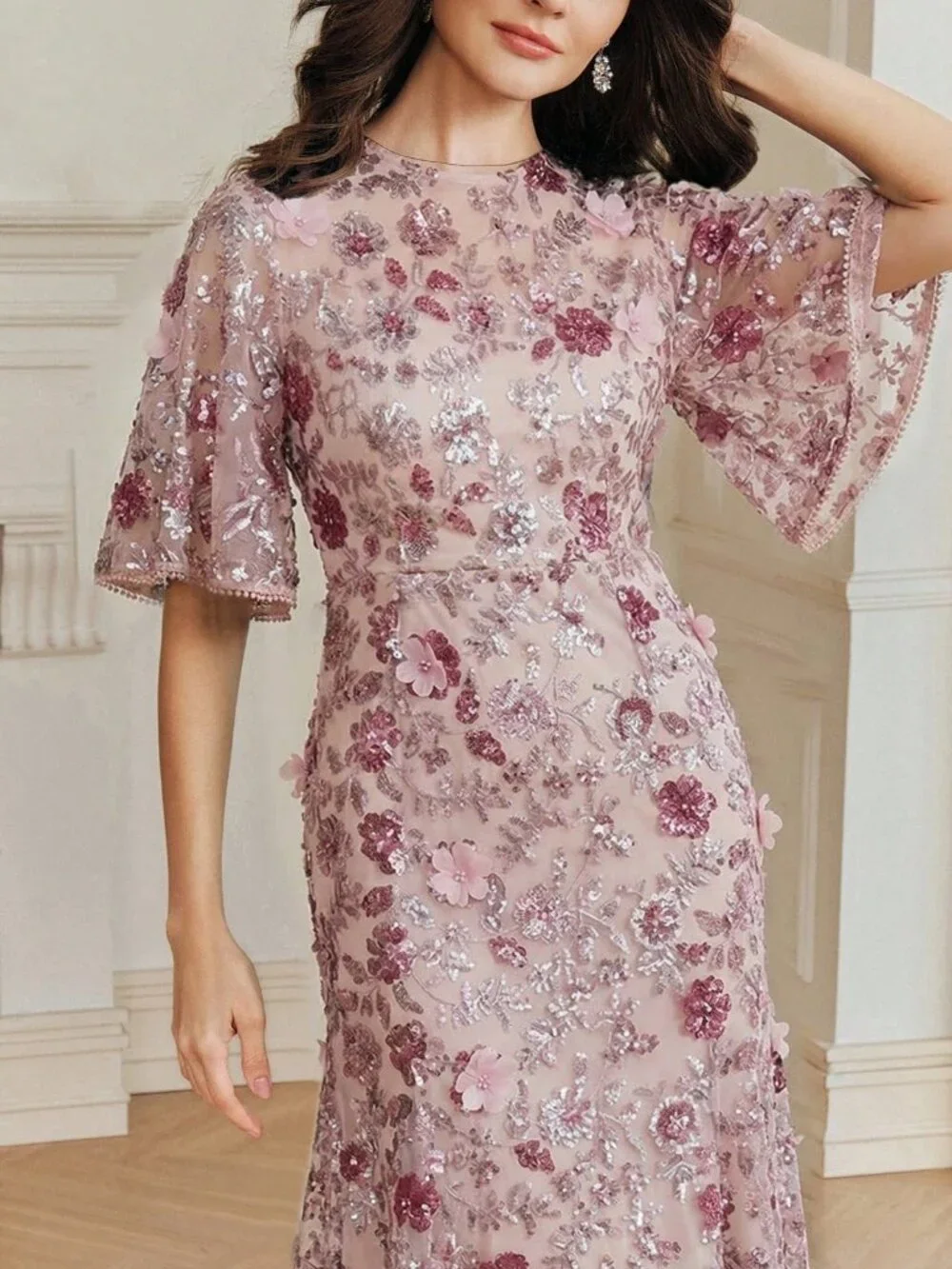 Pink Elegant Women's Floral Mesh Ruffle Trim Sequin Short Sleeve Dress